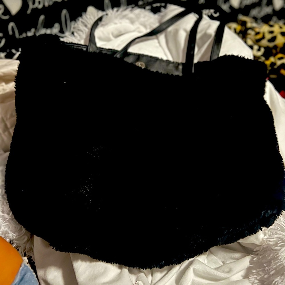 Large black faux fur tote bag